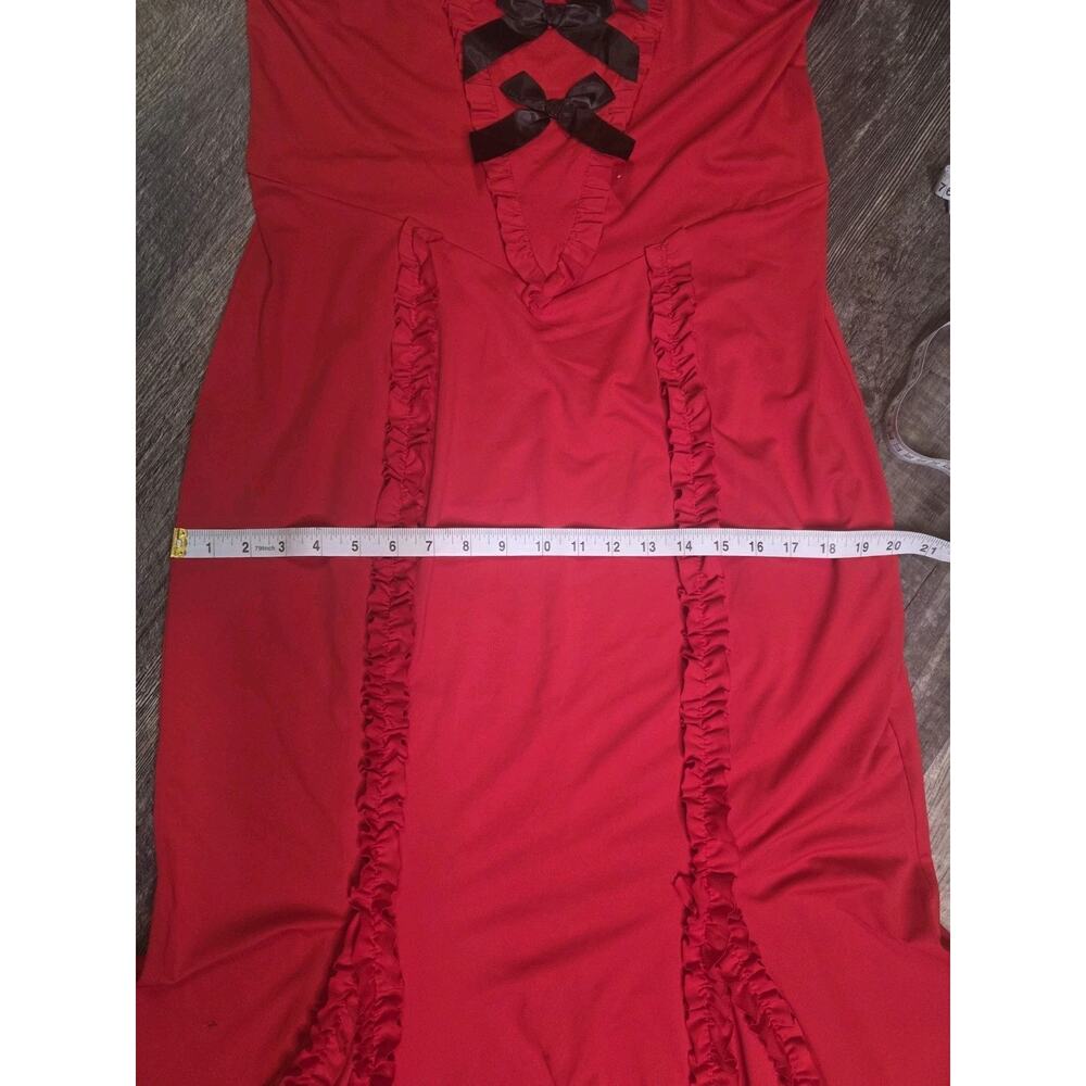 ZESICA NWT Womens XL Red Strapless Maxi Dress Ruffle V-Front Black Bows - Picture 3 of 9